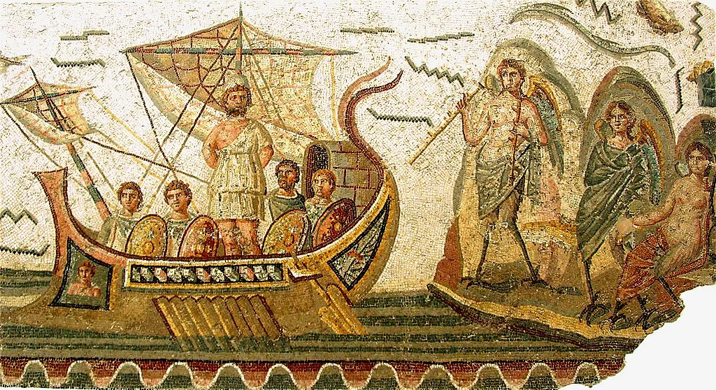 創作者不詳｜尤里西斯與賽倫 Ulysses and the Sirens｜3世紀｜羅馬馬賽克 (局部)｜1.8x3.8m｜原作現藏於突尼西亞之巴爾杜國家博物館