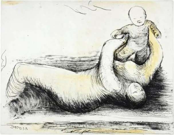 亨利·摩爾 Henry Moore (1898-1986)｜母親與小孩 12 Mother and Child XII｜1983｜蝕刻版畫｜44x52.1cm｜限量65版
