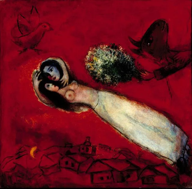 馬克·夏卡爾 (1887-1985)｜紅色天空的戀人｜1950｜油彩、畫布｜66x65cm